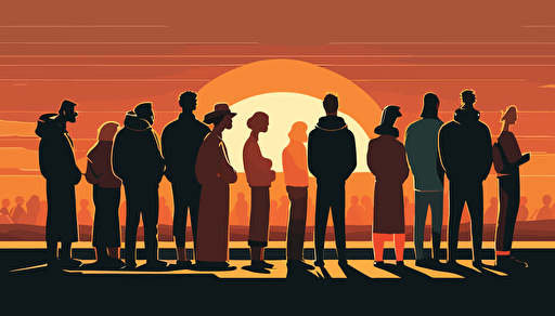 WIDE ANGLE shot perspective. Vector Art, A SMALL GROUP of modern day Christians of all ages, have gathered casually to pray together as the sun goes down, The Sun is starting to set on this warm summer day on the distant horizon in the background of the image. The people are attired for the summer. They are huddled together, praying arm in arm with their heads bowed, The are facing the beautiful sun as it begins to set on the distant horizon. Soft, richly colored image.