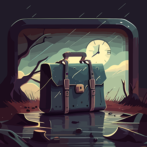 illustrated quirky scene of a briefcase in a quirky environment. Vector. Moody