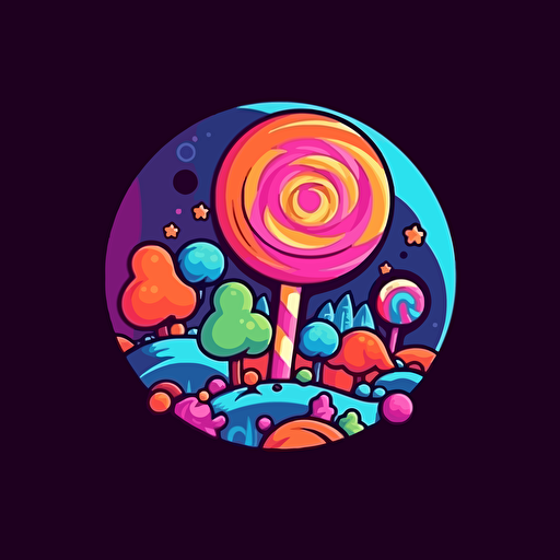 candy planet logo, simple vector illustration, fun, playful, colourful, high quality