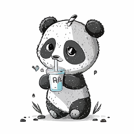 black and white cartoon illustration of a cute panda holding a drink in both hands, sipping out the straw, happy expression, vector,