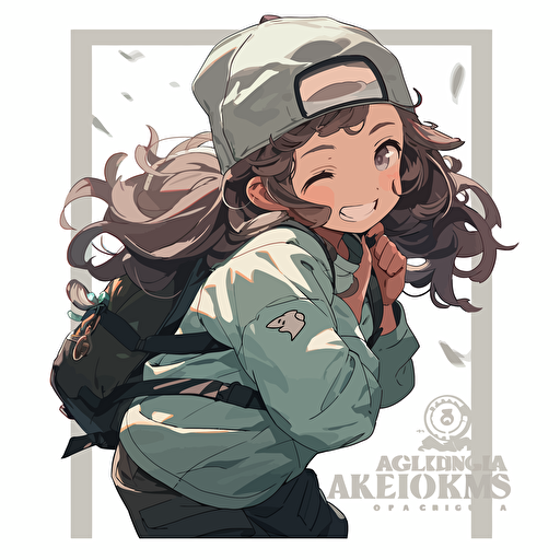 a smiling girl 12 year old, who loves climbing, dressed in Patagonia brand fashion, in the style of Akihiko Yoshida, white background, make a very dynamic logo vector