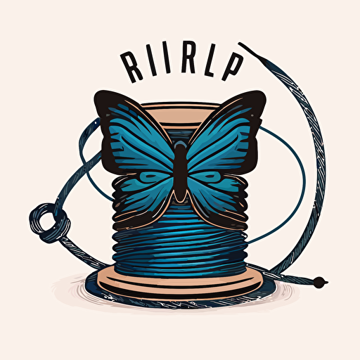 a logo design for a handmade bracelet workshop, called "Pulser Art" that features a 2D vector logo design, including spool of thread, a handmade bracelet and a blue butterfly, surrounded by a thin rope.