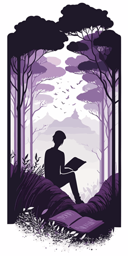 a person reading through a book, forest background, vector, flat art, simple, minimalistic, light purples, white background, insightful
