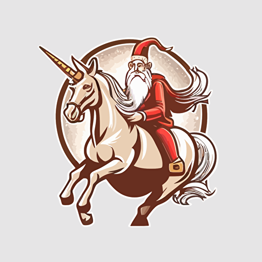 santa riding a unicorn, vector logo, vector art, emblem, simple cartoon, 2d, no text, white background