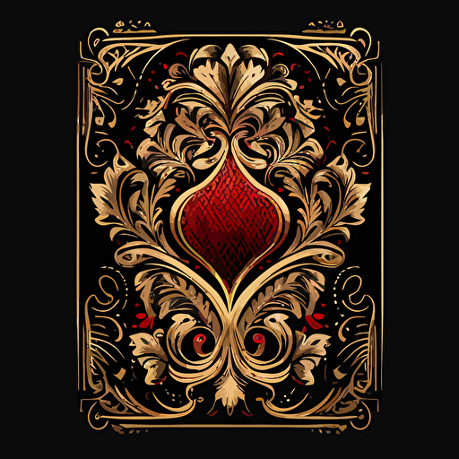 gold & red playing card isolated on black background vector illustration, in the style of casey weldon, conceptual embroideries, mário eloy, mark brooks, majestic elephants, dark red and light black, symmetrical forms