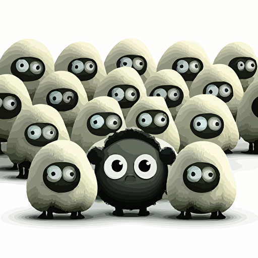 a paddock full of radioactive sheep with big pixar eyes that glow in the dark, funny, humour, white background, vector art