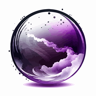 very simplified vector logo of a glass orb containing a purplish, starry cloud of gas similar to a nebula black and white, white background