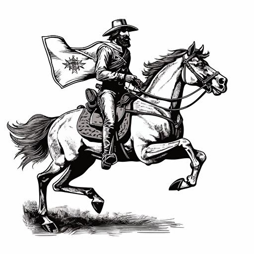 vector warhorse profile view gallop with confederate officer holding a musket, illustrated vector art for a flag, black and white, medieval style