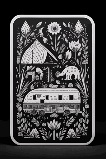 A card back, in the style of Floral featuring Campers Camping, black and white. The card back should have a unique design, with elements of fluidity and movement, Flat with no shadow, no script, horizontal symmetry, while still maintaining a cohesive and symmetrical look and feel throughout the deck. The overall design should evoke a sense of nature and the outdoors, tranquility, The final product should be high-quality, vector artwork, suitable for printing on the backs of standard playing cards.