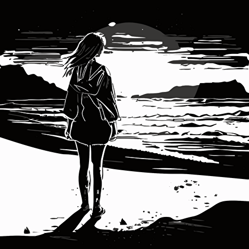 black and white, vector drawing, minimal design, illustrator, girl standing in beach looking sunset