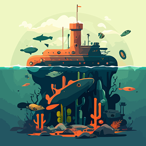 a submarine stronghold, vector style, colorfull