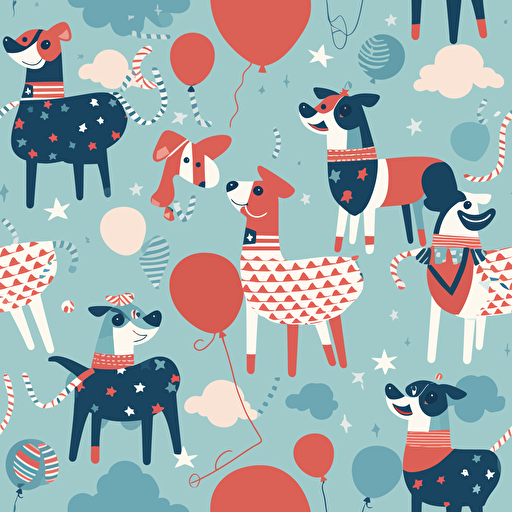 cute vector illustration of two dogs having fun, USA Flag Colors, 4th of July Theme
