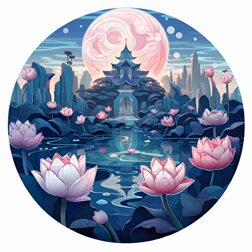 round up design with digital illustration of lotus flowers, magic world inspired by Studio Ghibli, vector illustration, intricate details, unreal engine, extremely high detailing, sharp, white background