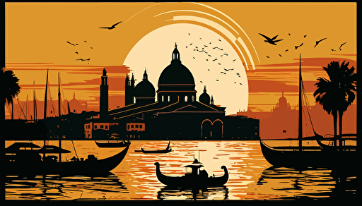 Skyline of Venecia in the sunset, inspiring image, vectorial style, 5 colours, high quality