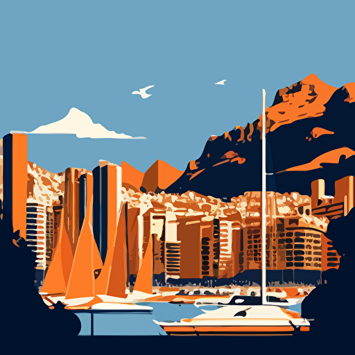 Vector image of the Monaco skyline, yachts, using only orange and blue colours, simple cartoon style shading, very simple, blue skies, hill