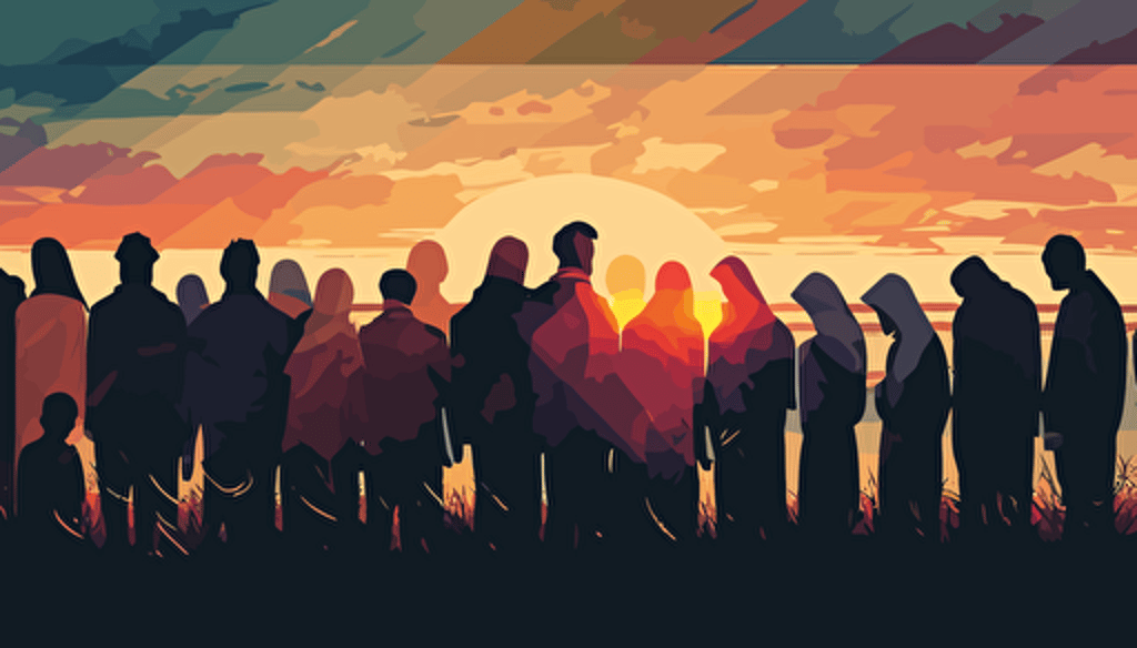 WIDE ANGLE shot. A warm sunny summer day nearing sunset as background context. vector art, softly colored. a small group of modern day people have gathered to pray, They are huddled closely together praying with heads bowed and holding each other's hands while they pray enthusiastically, facing the horizon.