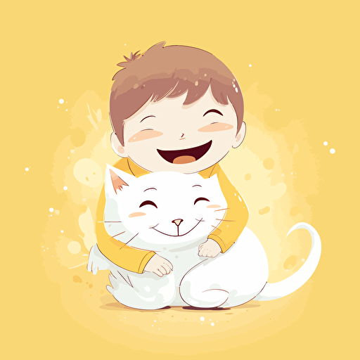 child illustration, big, vector, background white, cat, littlr cat, light yellow, smile, happy, joy, child 6144x6144