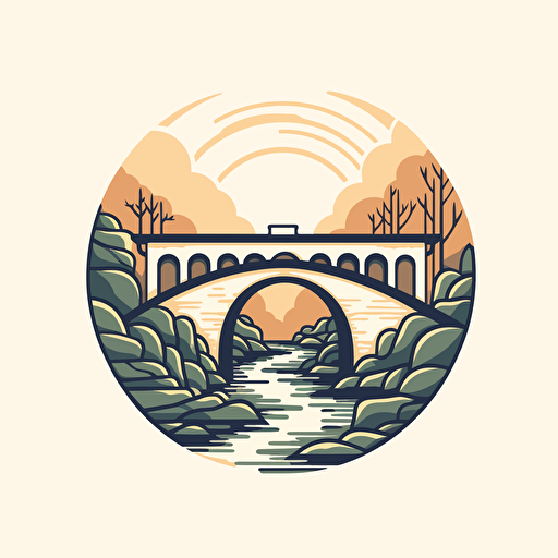 a company logo featuring a Roman bridge, symbolizing the challenge of venturing into a new world. Incorporate elements that evoke a sense of exploration, innovation, and determination. Simple 2d vector art.