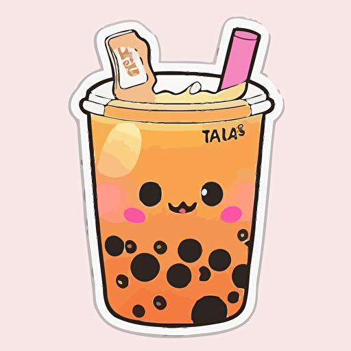 kawaii [pink, orange and yellow] boba tea [happy face] diecut sticker, adorable, neon colour, digital art, vector, white background, detailed