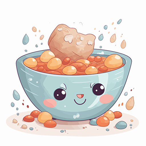 vector art illustration of a soup with pebble stones in it for a kids book, cute style, white background,