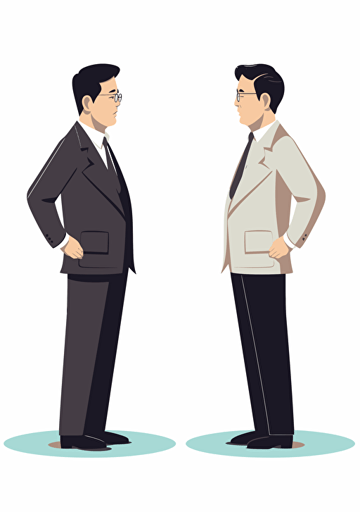 Image of competent and incompetent leaders of South Korea looking at each other, one smiling and one angry, man in suit, dry and neat, white background, Artsy flat vector illustration