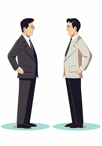 Image of competent and incompetent leaders of South Korea looking at each other, one smiling and one angry, man in suit, dry and neat, white background, Artsy flat vector illustration