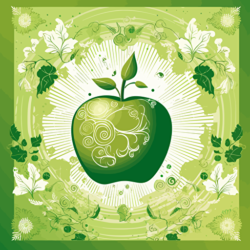 a green slicedd apple illustration with framed botanical ornaments simplified illustration with a shinning sun using the illustrator illustration styles, vectorized, moder pantone colorful pallet