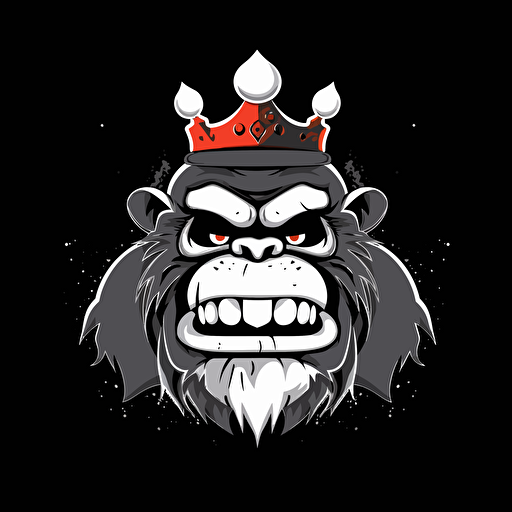 Angry donkey kong Gorilla In the in Russian crown, ", Banksy style, black background, large closed shapes, fantasy roboter, white space to fill, abstract, artistic, pen outline, white background, very simple, full field of view, centre, minimalistic logo vector art , simple flat vector logo
