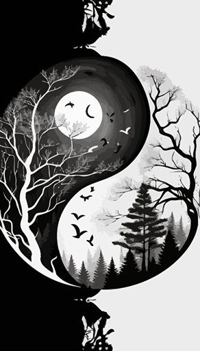 yin and yang ☯️, with copy space, logo design, nature, forest, black and white, abstract, vector art, minimalistic