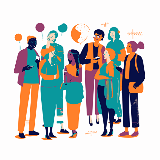flat modern vector image of people learning a language, complemenatry colours, bright orange and purple and teal, high resolution, white background, rounded edges, detailed