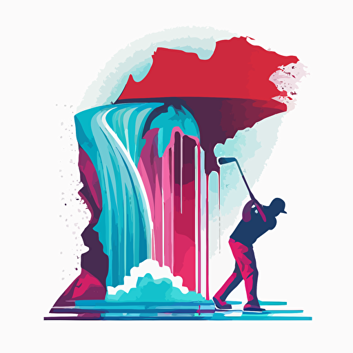 a flat vector logo of of a golfer swinging, in the background you can see the CN Tower and a waterfall, blue and red colors, no text