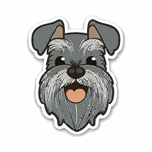 Cute, happy, smiling miniature schnauzer dog head sticker logo, chibi style, cartoon, clean, vector, 2d, white background, no accessories, without accessories, no text, without text