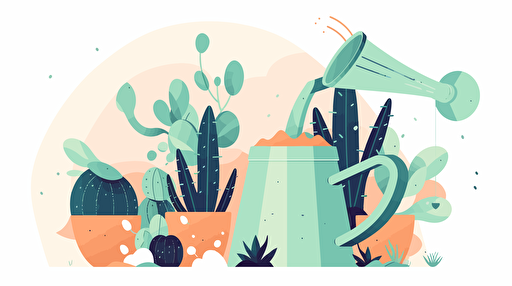 watering succulents with a watering can, flat color, vector illustration, for blog thumbnail image, simple, white background