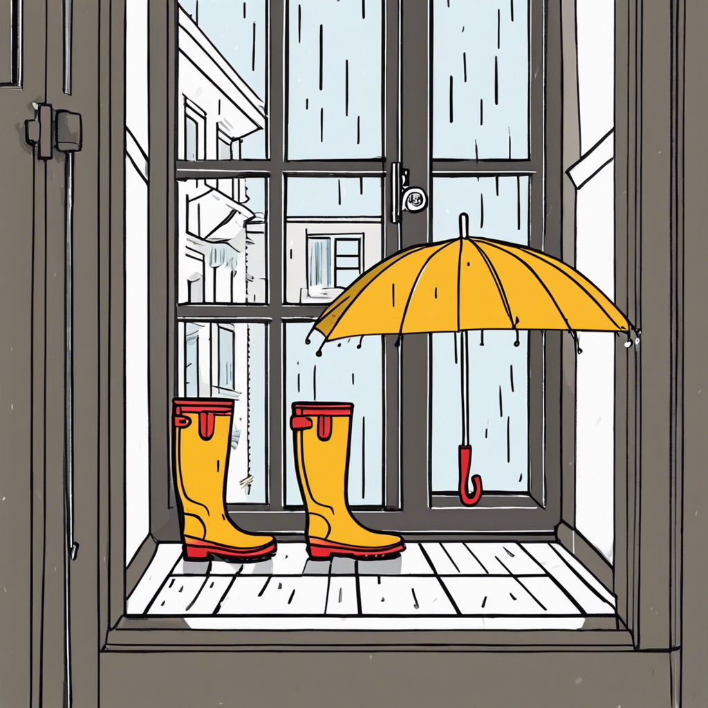 Rain boots and a colorful umbrella by the front door with a rainy window view, illustration in the style of Matt Blease, illustration, flat, simple, vector