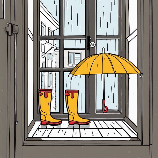 Rain boots and a colorful umbrella by the front door with a rainy window view