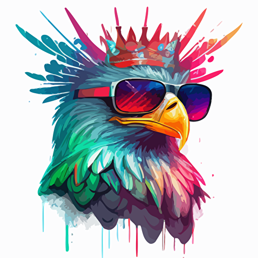 an american eagle wearing huge sunglasses and a big crown, chicano style graffiti , neon colors, vector, white background