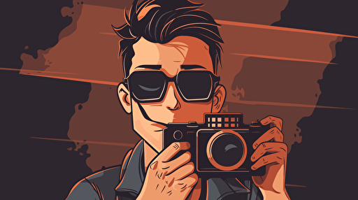 Shadowbanned on social media, high tec, cartoon, vector art. Man with black glasses on and tape on his mouth, with camera equiptment behind him
