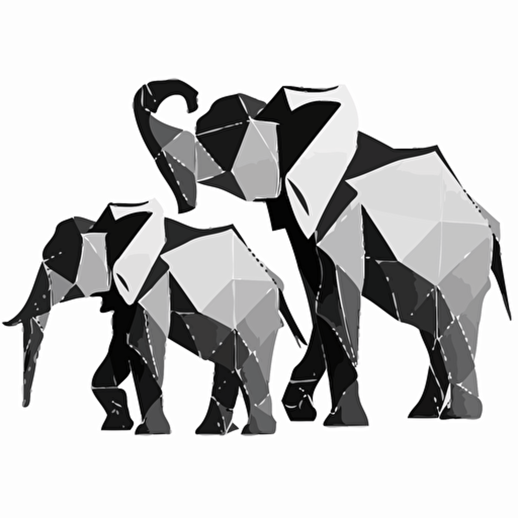 logo, flat vector, origami outline, three headed laos elephant, black and white