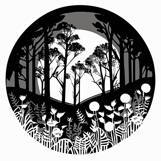 simplified black and white drawing of laser cut forest, monotone, single layer, no shadows, #000000, 70mm diameter perfect circle, black outer border, vector art