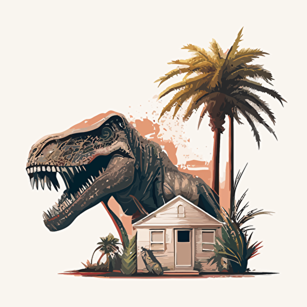 a vector style one story house with some palm trees in the front and the head of a t-rex coming out of the roof with a white background
