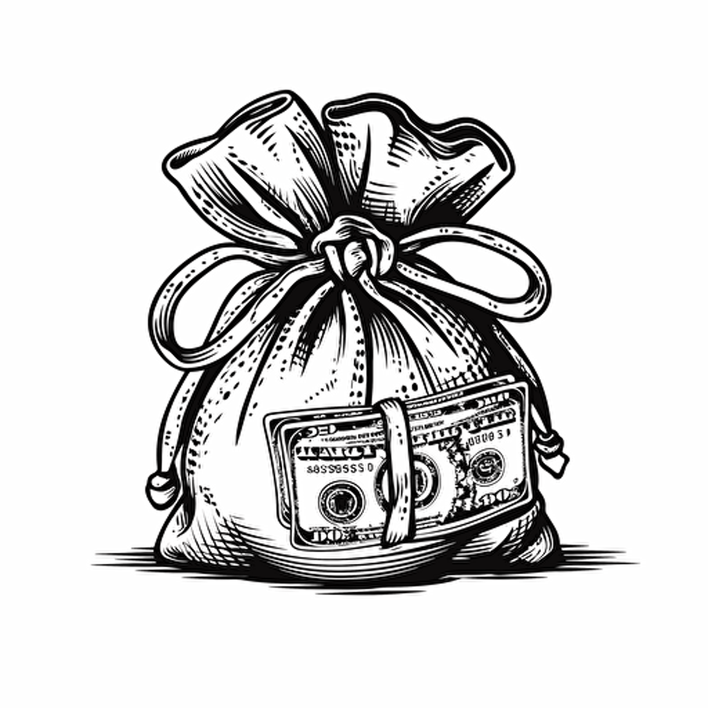 a money logo, money bag full of cash, black and white, white background, vector, png