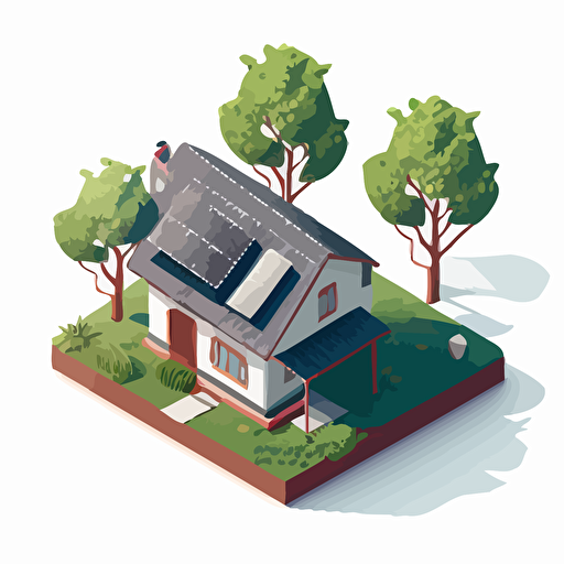 simple vector drawing, single color, vector image, house with trees and photovoltaic panels on the roof, isometric view, white background