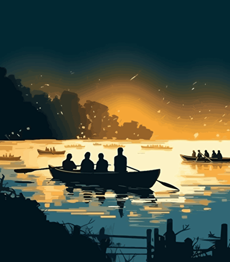 a crowd viewing a rowing boat race from the shore in the style of illustration, luminous palette, pictorial space, vector