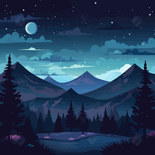 wide landscape scene of night sky. Mountains and trees. 2D vector illustration.