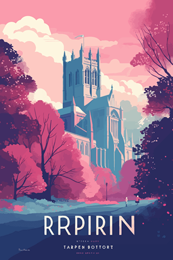 Flat vector art illustration | travel poster featuring | The Ripon Cathedral United Kingdom | Pastel blues, purples, and pinks | Wide Angle | no text |