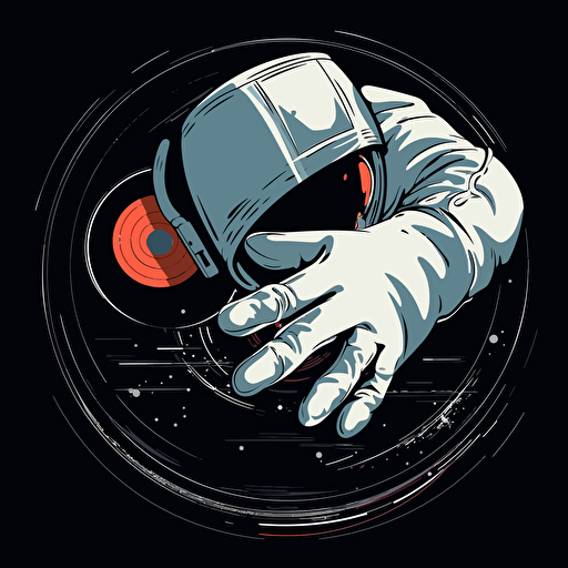 astronauts hands are over a vinyl record, he has gloves worn and only the hands in gloves is on the scene on black background,2d vector