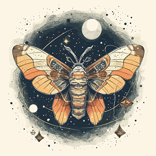 a beautiful moth with a surrounding stars and planets design in detailed drawing style + simple vector + pastel colors on a white background