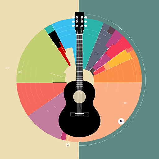 a vector illustration of a guitar with a pie chart on its body, showing the distribution of music genres in a dataset. The illustration is done in a flat and minimalist style, with solid colors and simple shapes. The illustration conveys a sense of simplicity, clarity, and proportion