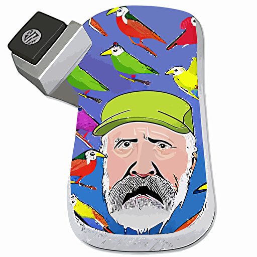 Scotty cameron putter cover of funny, angry old Scottish man face only with beard and golf hat, birds, playful, brightly coloured, vector, solid colour