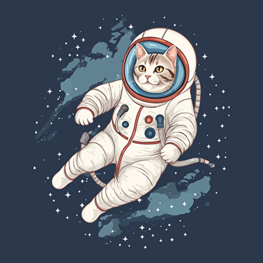 a cat in an astronaut suit in outer space riding a rocket. vector style. transparent background